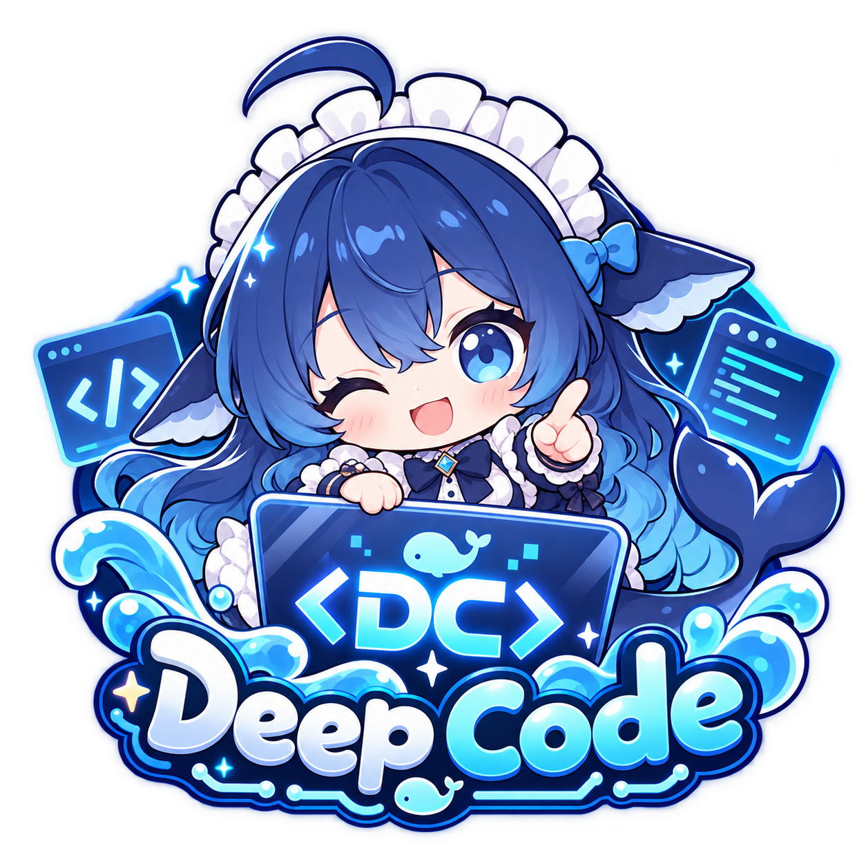 DeepCode 蓝发动漫吉祥物,抱着写有 DC 的电脑,周围环绕海浪